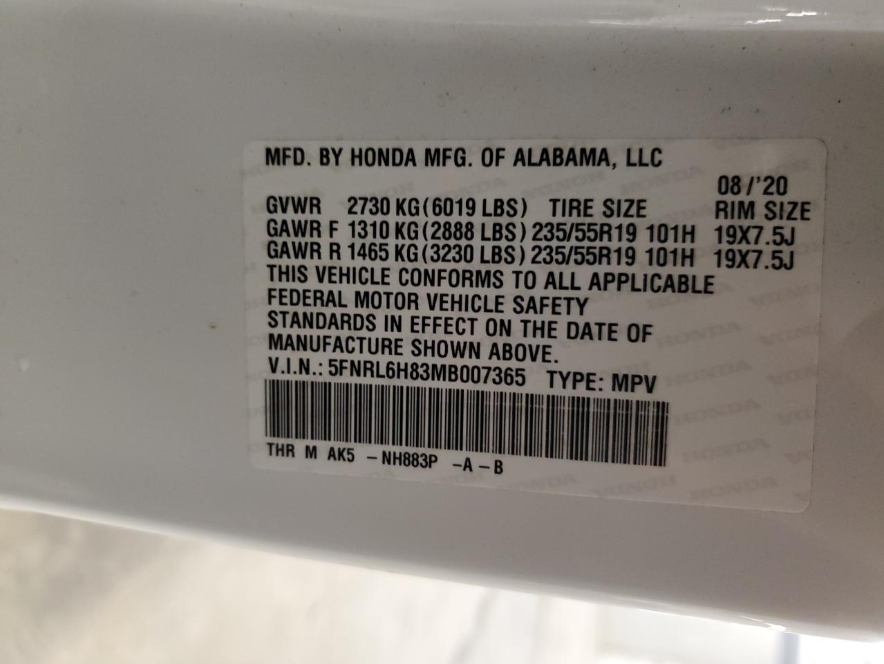 2021 Honda Odyssey Touring VIN: 5FNRL6H83MB007365 Lot: 65066495