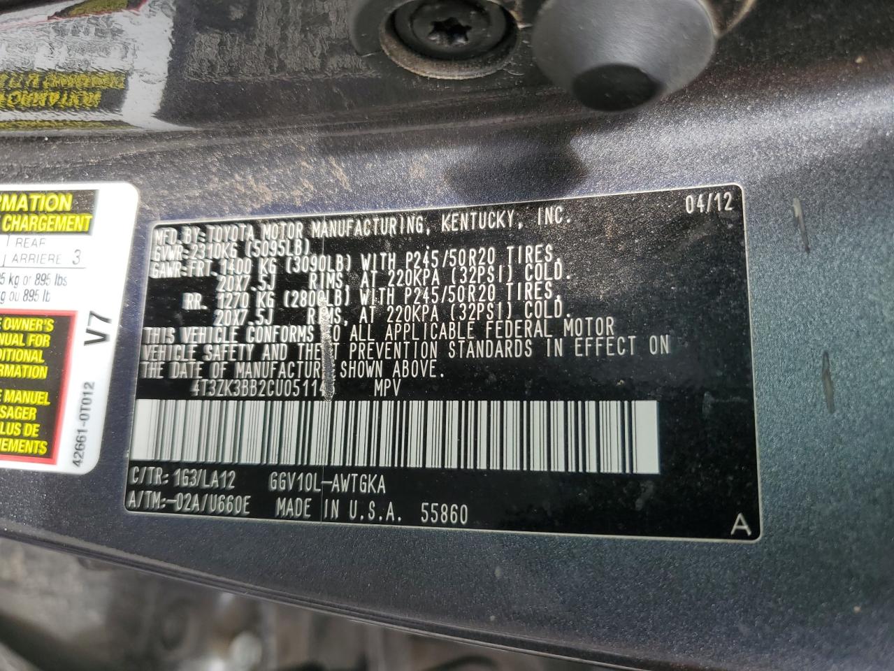 2012 Toyota Venza Le VIN: 4T3ZK3BB2CU051145 Lot: 62911125