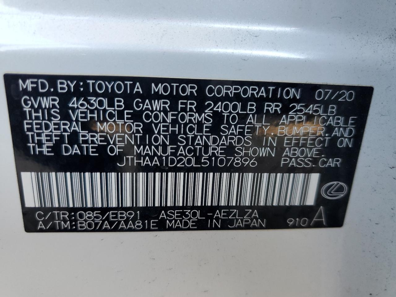 2020 Lexus Is 300 VIN: JTHAA1D20L5107896 Lot: 64575705