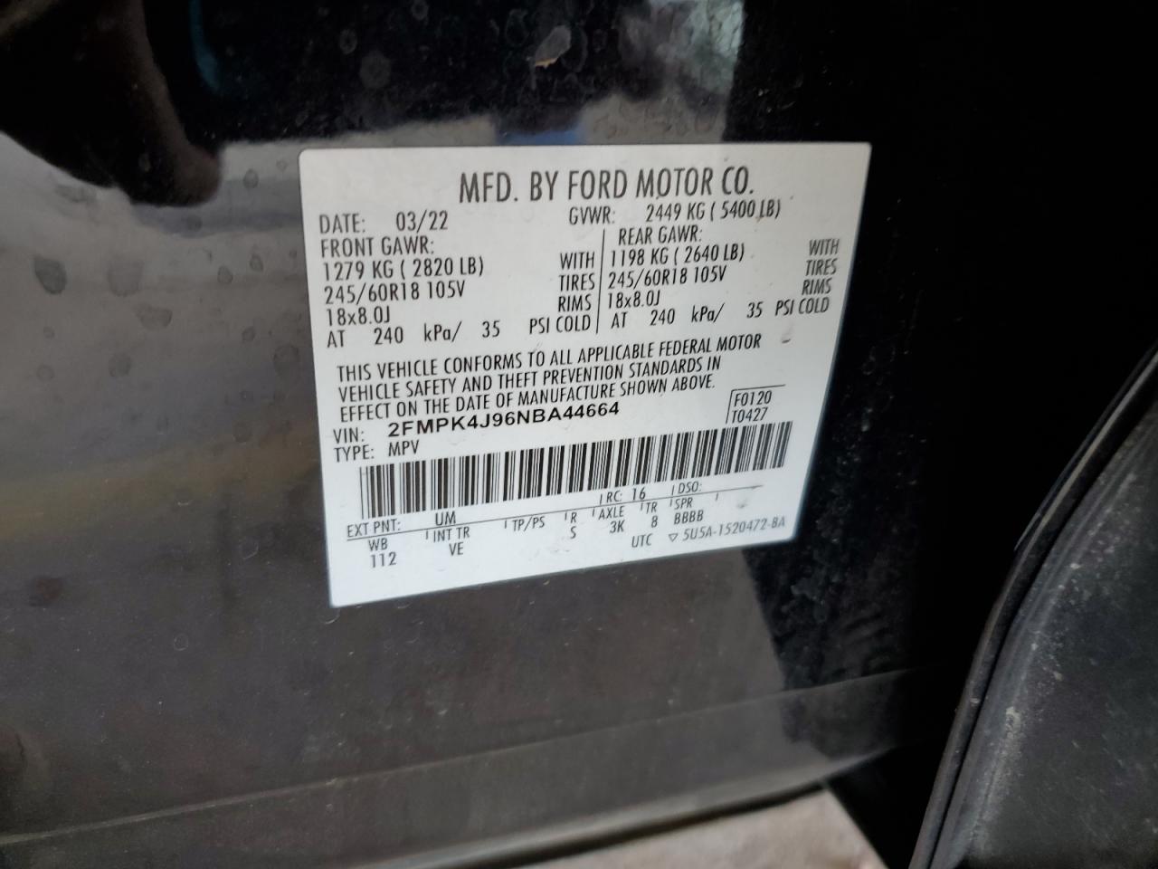 2022 Ford Edge Sel VIN: 2FMPK4J96NBA44664 Lot: 64677705