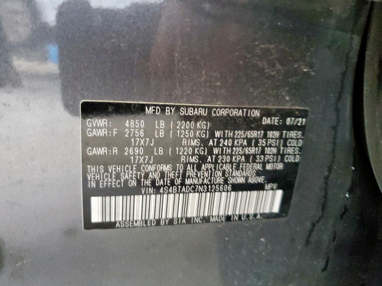 2022 Subaru Outback Premium VIN: 4S4BTADC7N3125606 Lot: 65453215