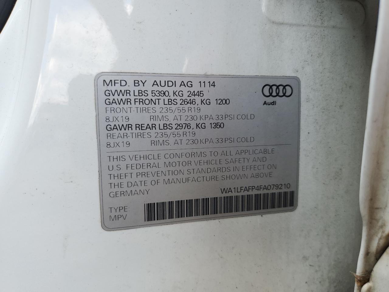 2015 Audi Q5 Premium Plus VIN: WA1LFAFP4FA079210 Lot: 63337555