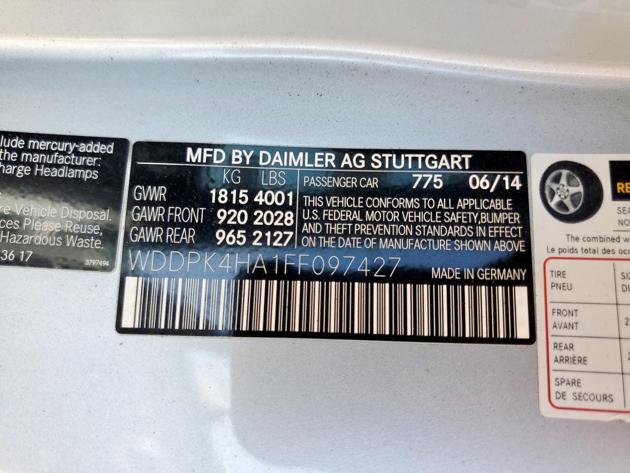 2015 Mercedes-Benz Slk 250 VIN: WDDPK4HA1FF097427 Lot: 64964935