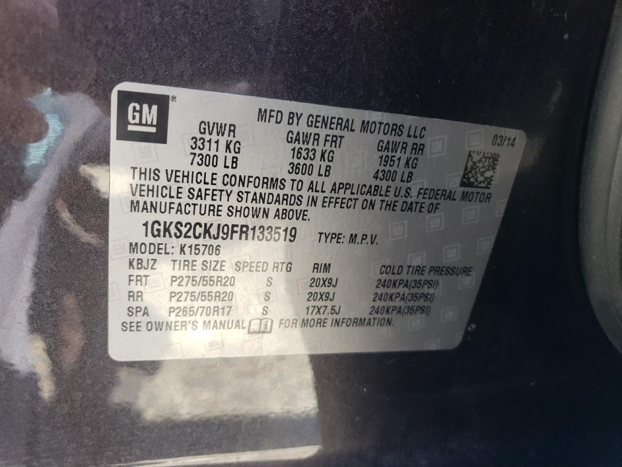 2015 GMC Yukon Denali VIN: 1GKS2CKJ9FR133519 Lot: 63202355