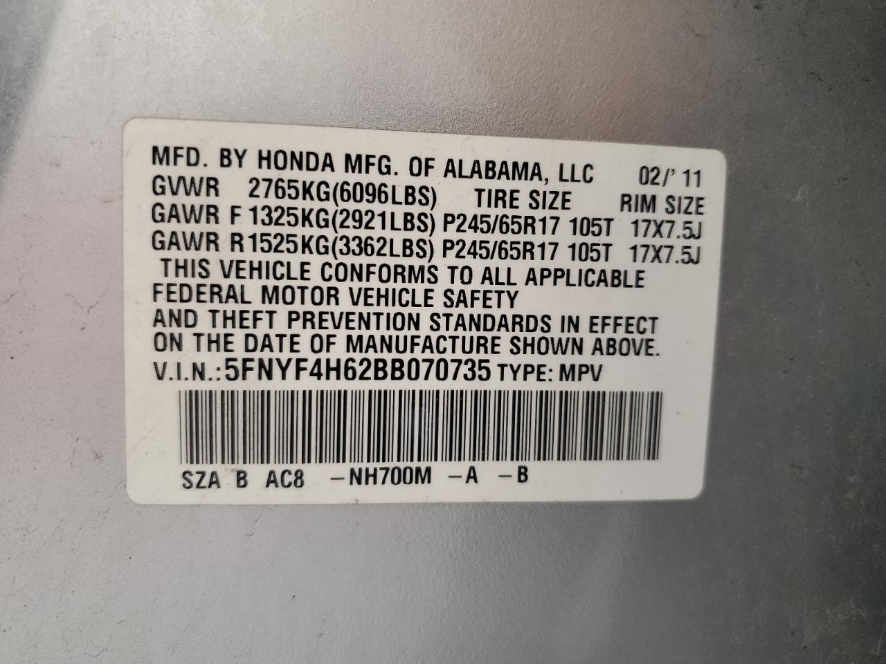 2011 Honda Pilot Exl VIN: 5FNYF4H62BB070735 Lot: 62873615