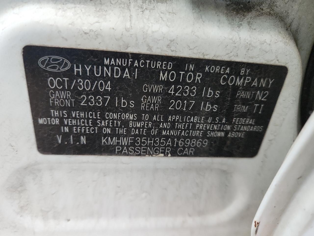2005 Hyundai Sonata Gls VIN: KMHWF35H35A169869 Lot: 64991055