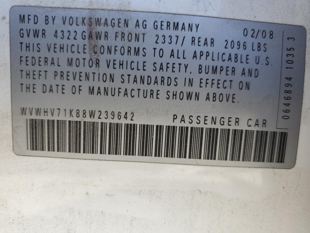 2008 Volkswagen Gti VIN: WVWHV71K88W239642 Lot: 63648665