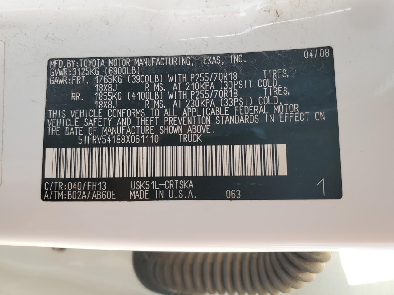 2008 Toyota Tundra Double Cab VIN: 5TFRV54188X061110 Lot: 84750785