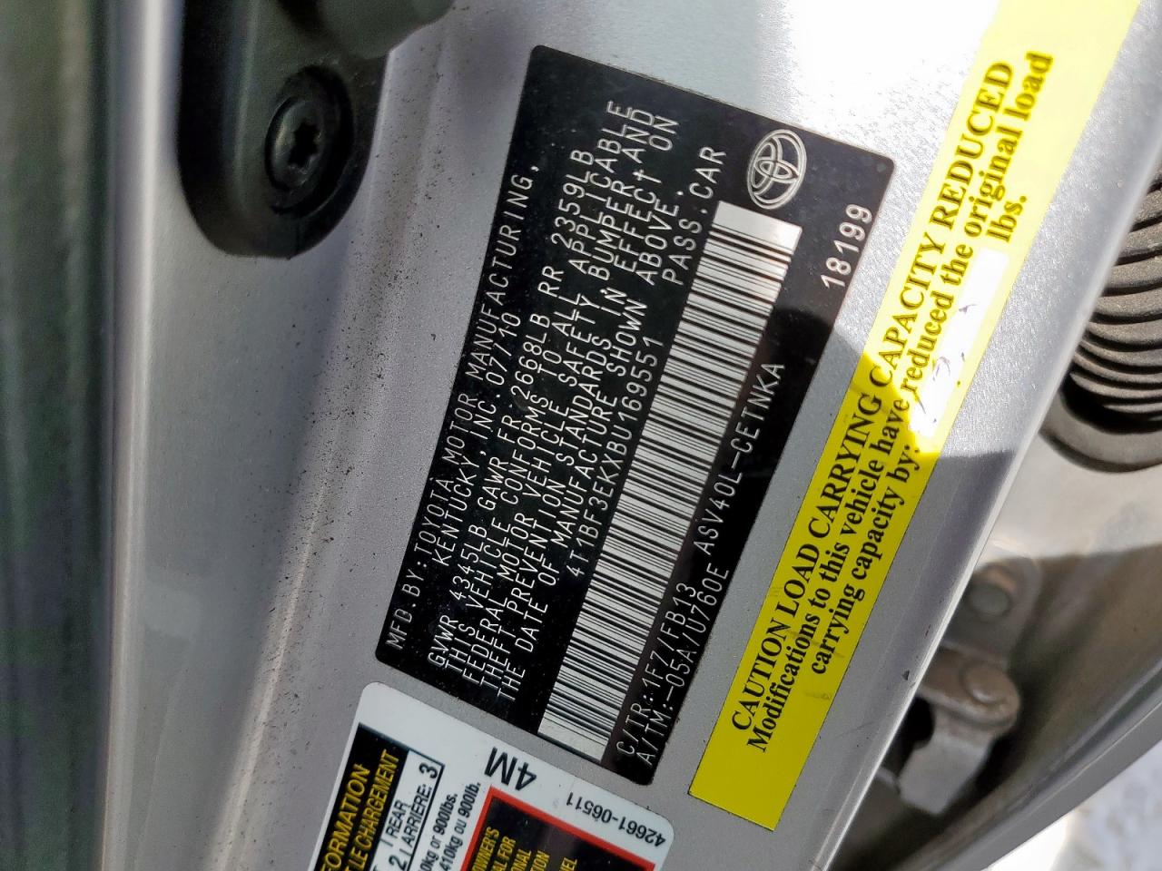 2011 Toyota Camry Base VIN: 4T1BF3EKXBU169551 Lot: 65244785