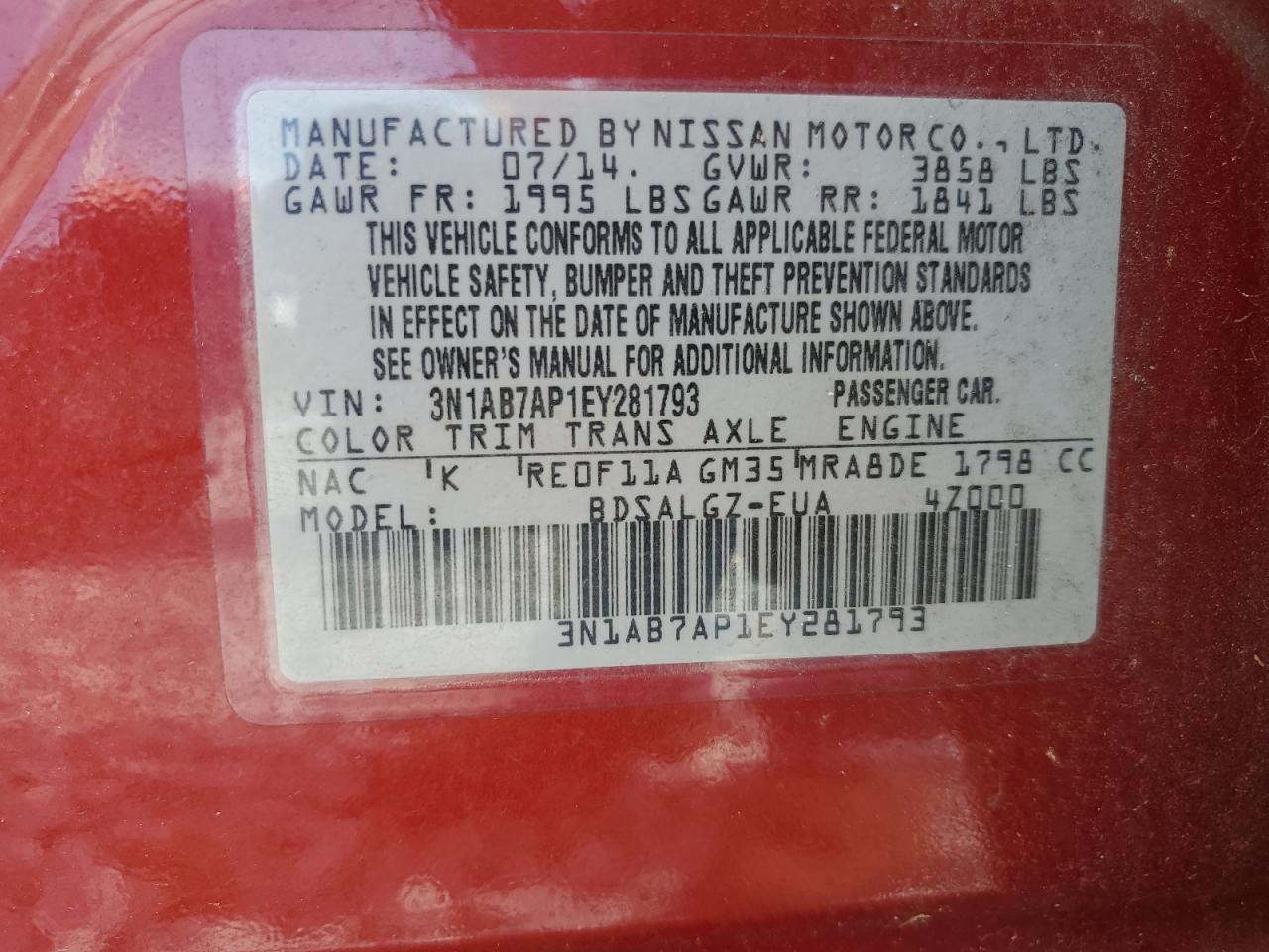 2014 Nissan Sentra S VIN: 3N1AB7AP1EY281793 Lot: 65414935