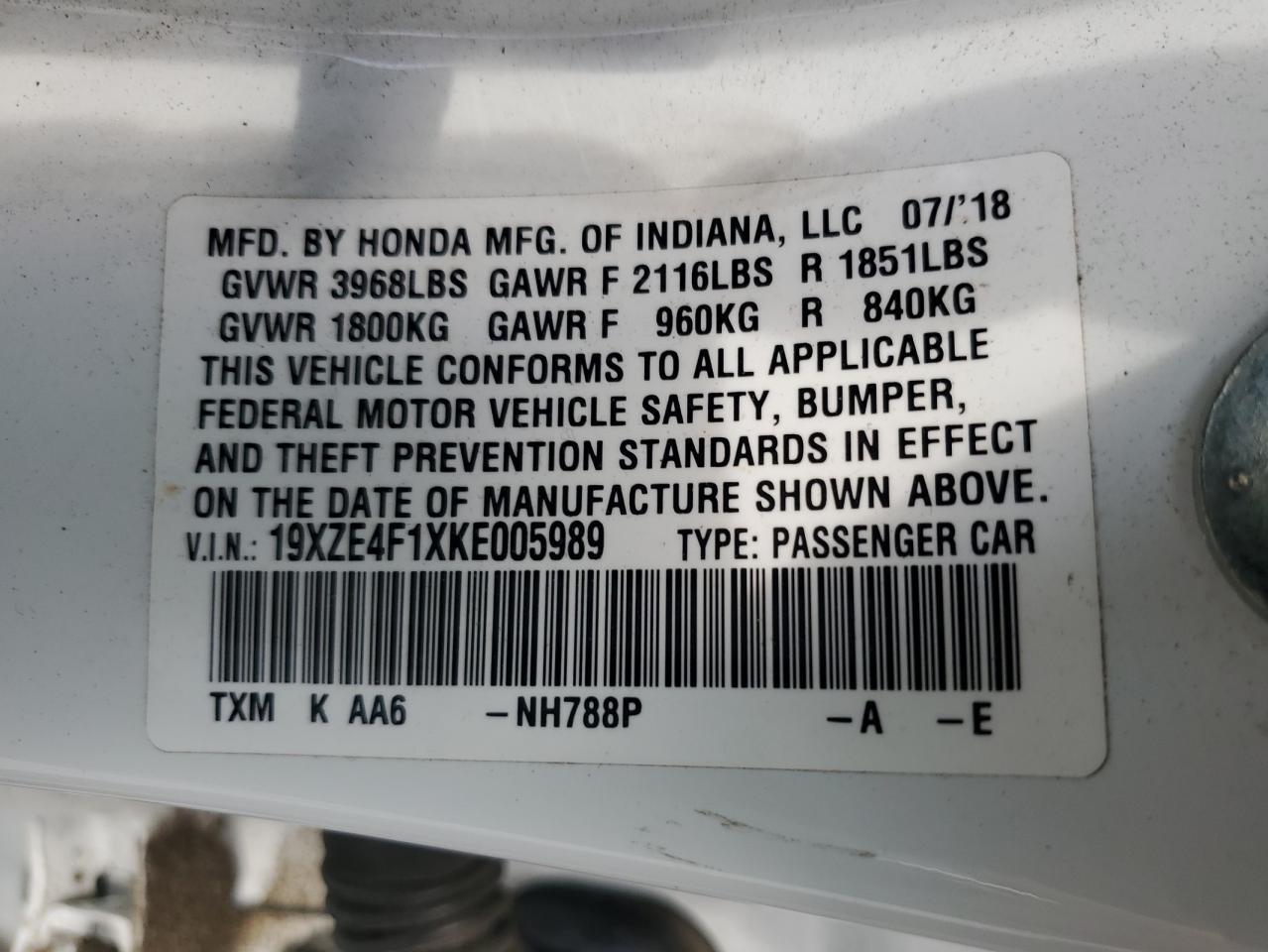 2019 Honda Insight Lx VIN: 19XZE4F1XKE005989 Lot: 62058575