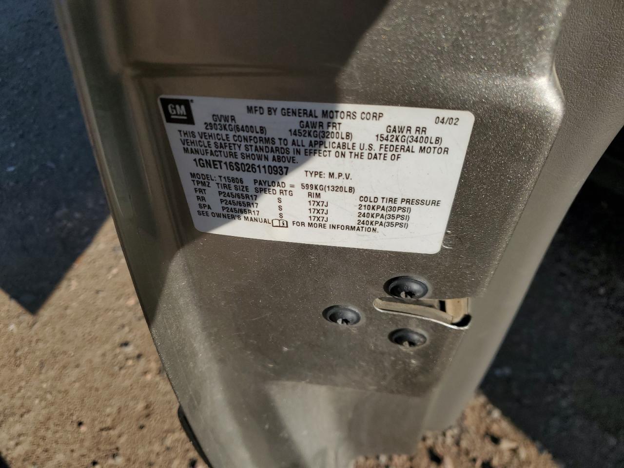 2002 Chevrolet Trailblazer Ext VIN: 1GNET16S026110937 Lot: 65284135