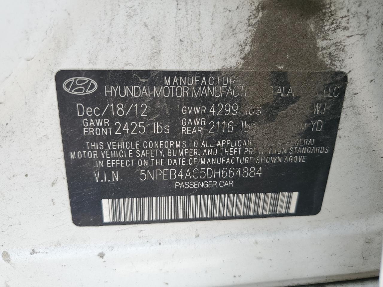 2013 Hyundai Sonata Gls VIN: 5NPEB4AC5DH664884 Lot: 64167635