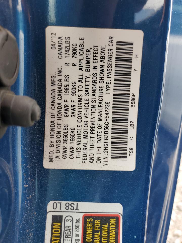 2012 Honda Civic Lx VIN: 2HGFG3B56CH542236 Lot: 63266345