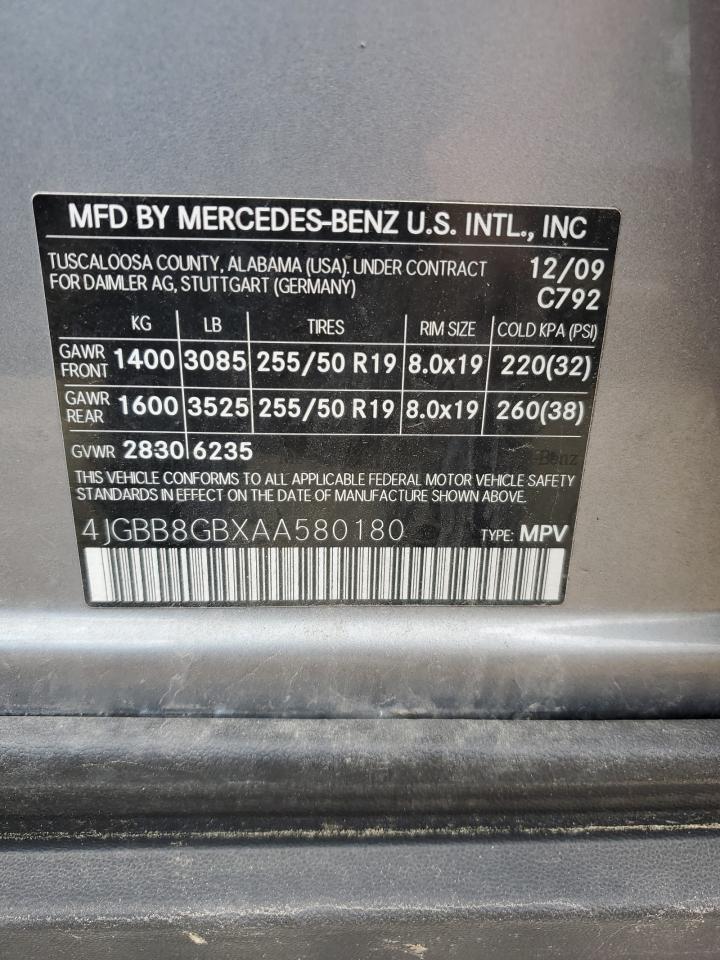 2010 Mercedes-Benz Ml 350 4Matic VIN: 4JGBB8GBXAA580180 Lot: 64238355