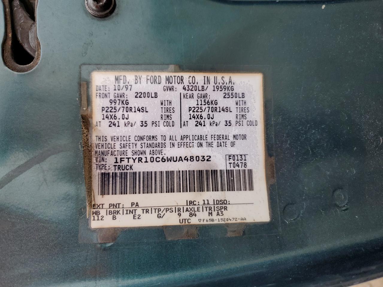 1998 Ford Ranger VIN: 1FTYR10C6WUA48032 Lot: 64736485