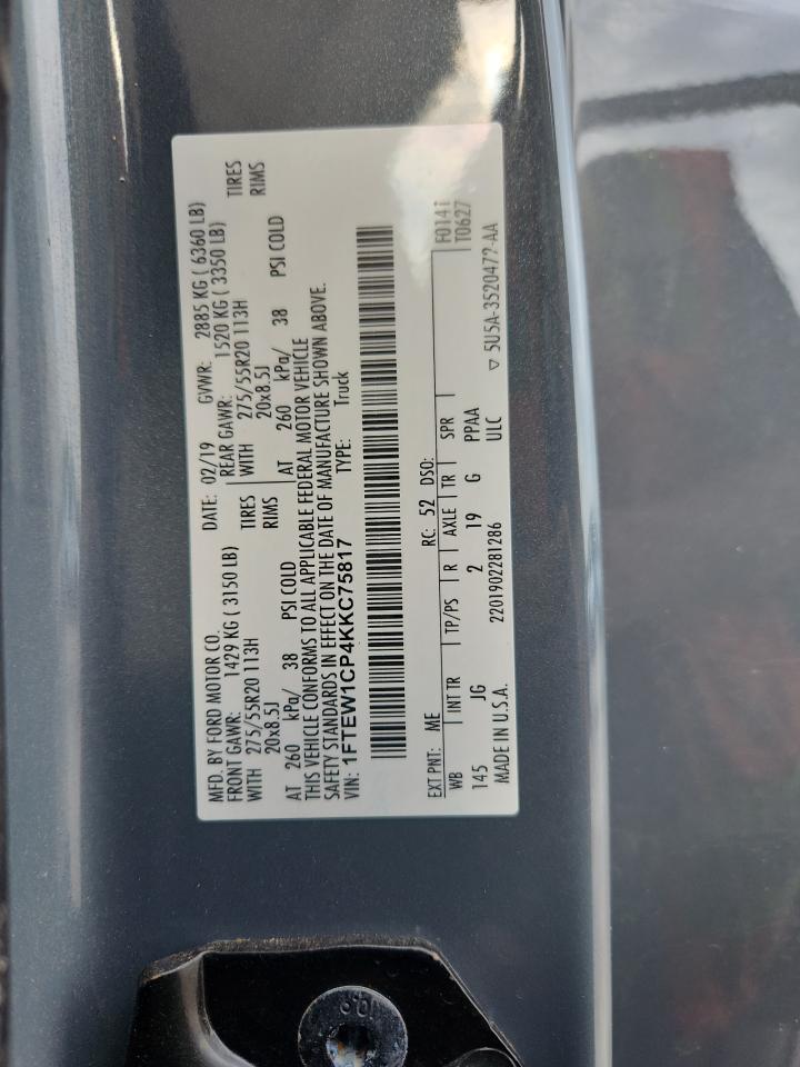 2019 Ford F150 Supercrew VIN: 1FTEW1CP4KKC75817 Lot: 65147825