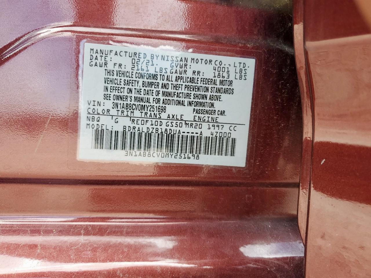 2021 Nissan Sentra Sv VIN: 3N1AB8CV0MY251698 Lot: 65627485