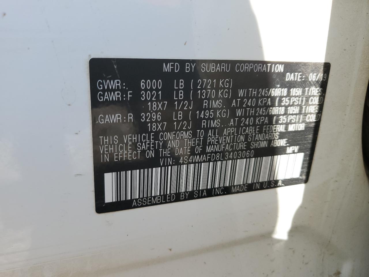 2020 Subaru Ascent Premium VIN: 4S4WMAFD8L3403060 Lot: 63508625