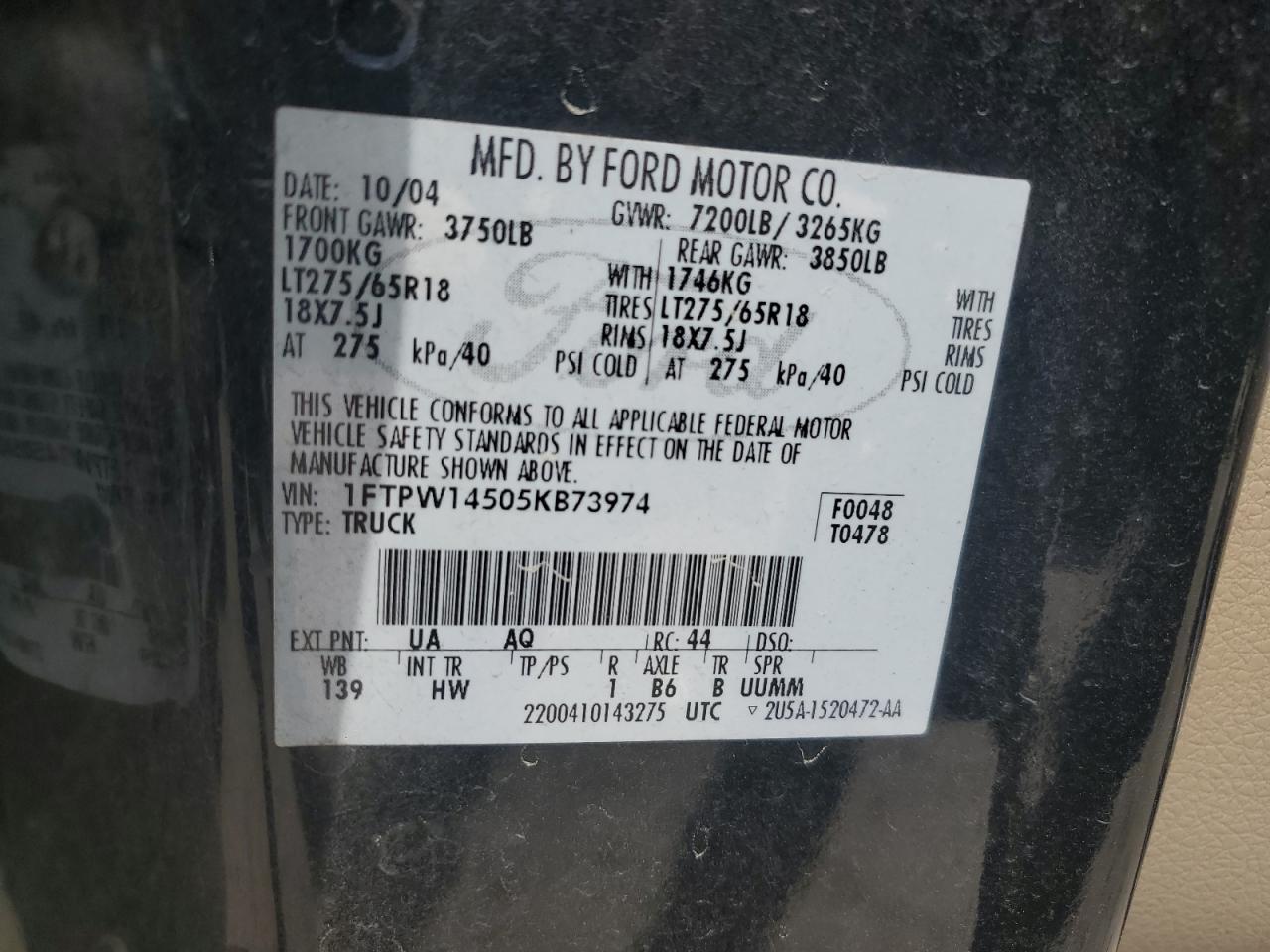 2005 Ford F150 Supercrew VIN: 1FTPW14505KB73974 Lot: 64471995
