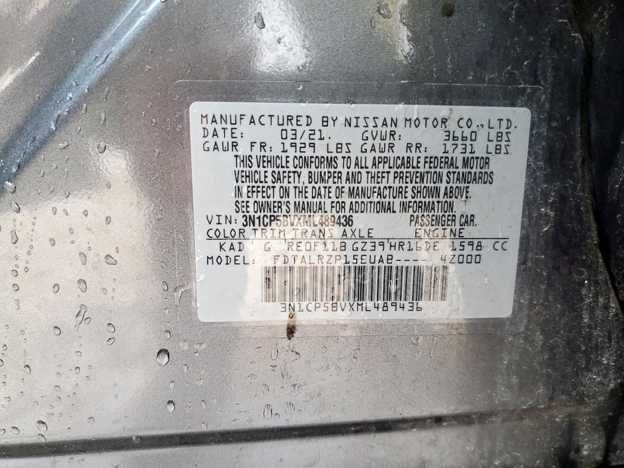 2021 Nissan Kicks S VIN: 3N1CP5BVXML489436 Lot: 63620605