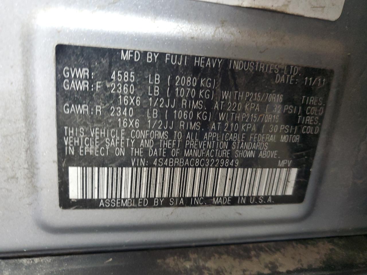 2012 Subaru Outback 2.5I VIN: 4S4BRBAC8C3229849 Lot: 65505755