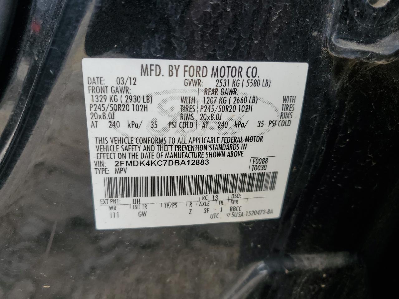 2013 Ford Edge Limited VIN: 2FMDK4KC7DBA12883 Lot: 64748155