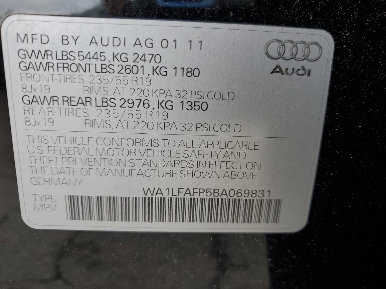 2011 Audi Q5 Premium Plus VIN: WA1LFAFP5BA069831 Lot: 63866645