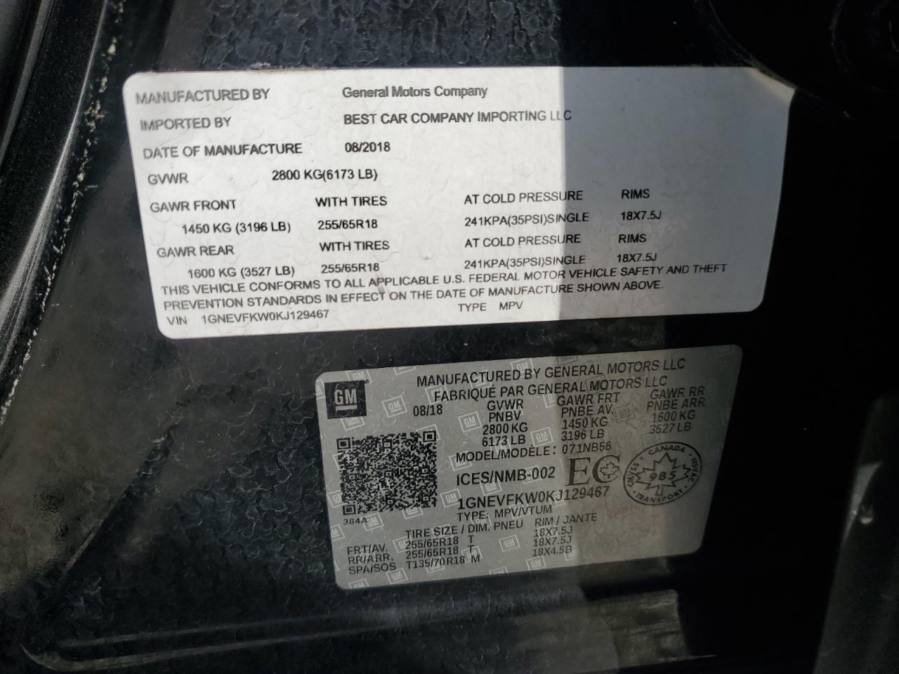 2019 Chevrolet Traverse Ls VIN: 1GNEVFKW0KJ129467 Lot: 62894045