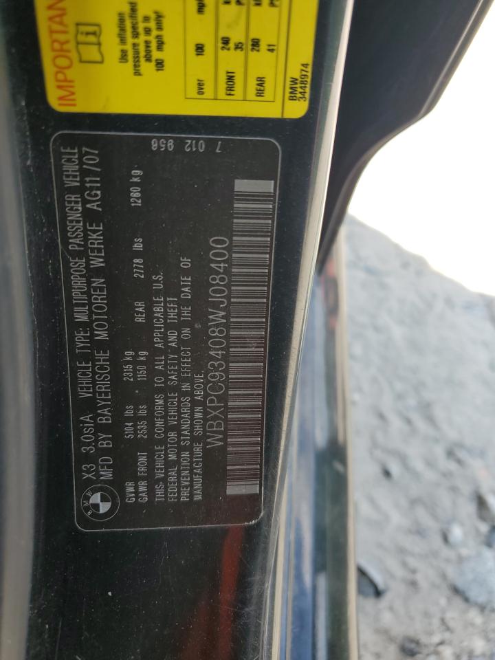 2008 BMW X3 3.0Si VIN: WBXPC93408WJ08400 Lot: 55719165