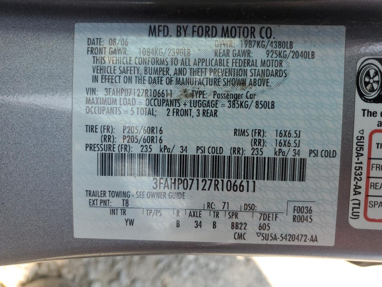 2007 Ford Fusion Se VIN: 3FAHP07127R106611 Lot: 64489175