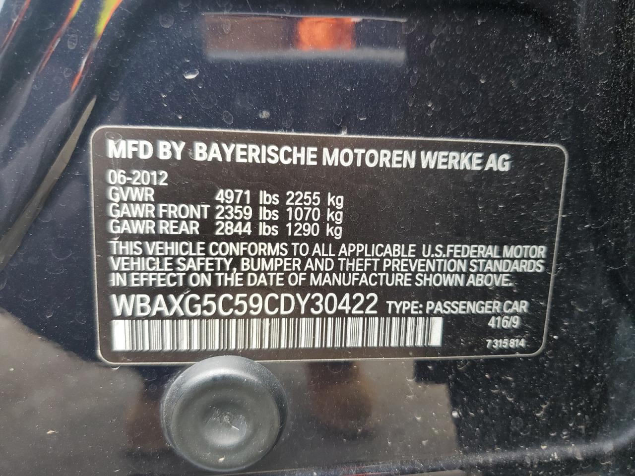 2012 BMW 528 I VIN: WBAXG5C59CDY30422 Lot: 64612455