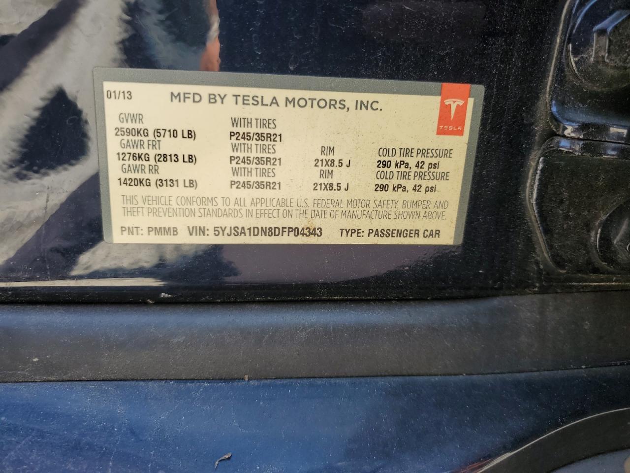 2013 Tesla Model S VIN: 5YJSA1DN8DFP04343 Lot: 63685805
