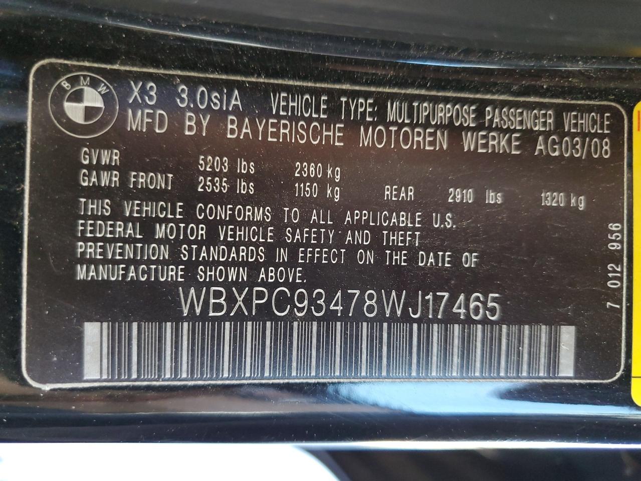 2008 BMW X3 3.0Si VIN: WBXPC93478WJ17465 Lot: 63481725