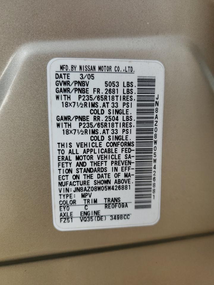 2005 Nissan Murano Sl VIN: JN8AZ08W05W426881 Lot: 62628335