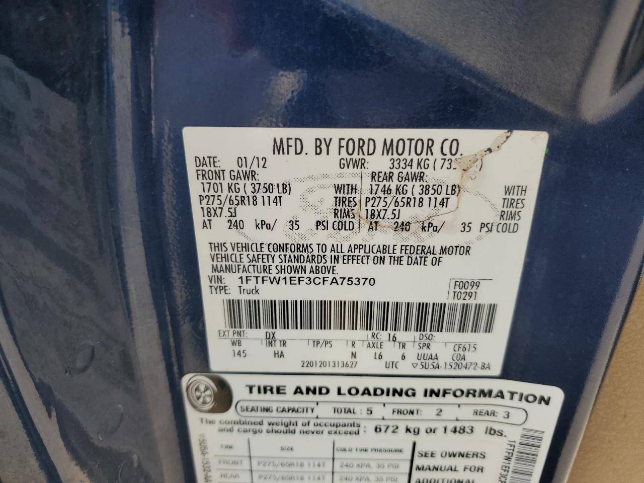 2012 Ford F150 Supercrew VIN: 1FTFW1EF3CFA75370 Lot: 64764395