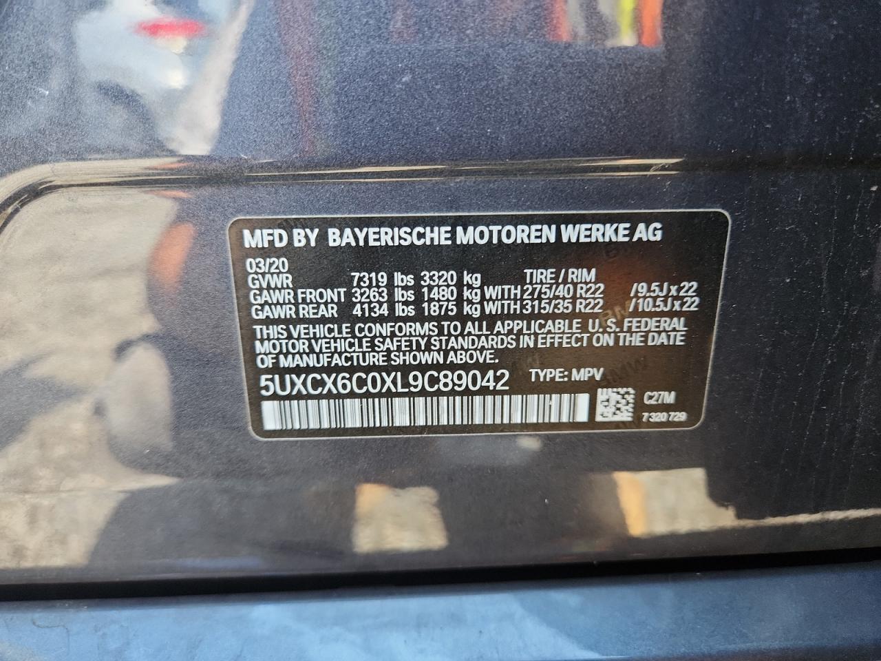2020 BMW X7 M50I VIN: 5UXCX6C0XL9C89042 Lot: 62274435