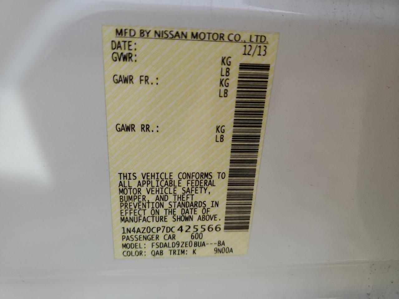 2013 Nissan Leaf S VIN: 1N4AZ0CP7DC425566 Lot: 65574015
