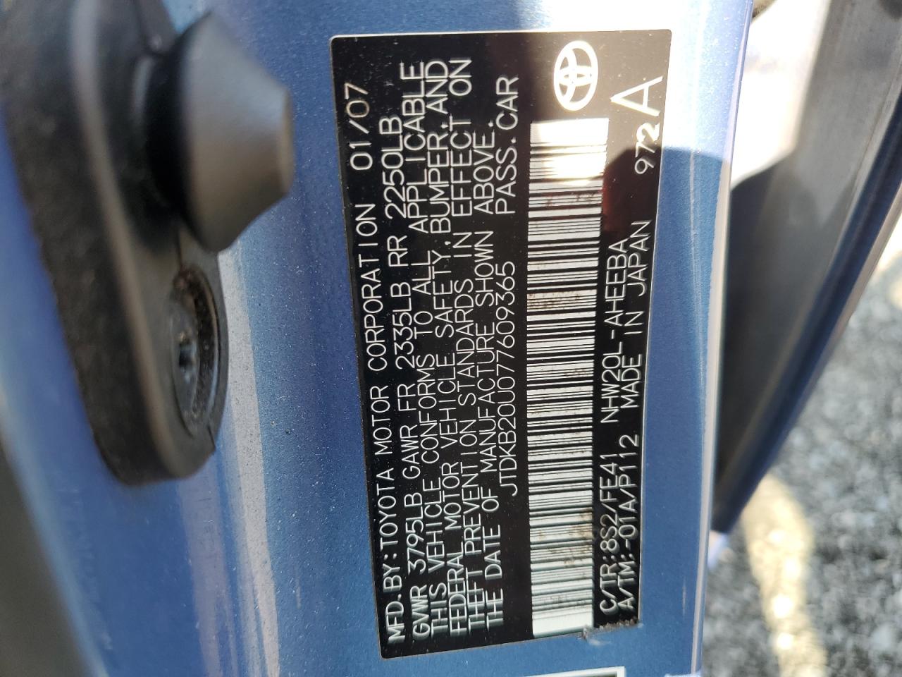 2007 Toyota Prius VIN: JTDKB20U077609365 Lot: 64605325