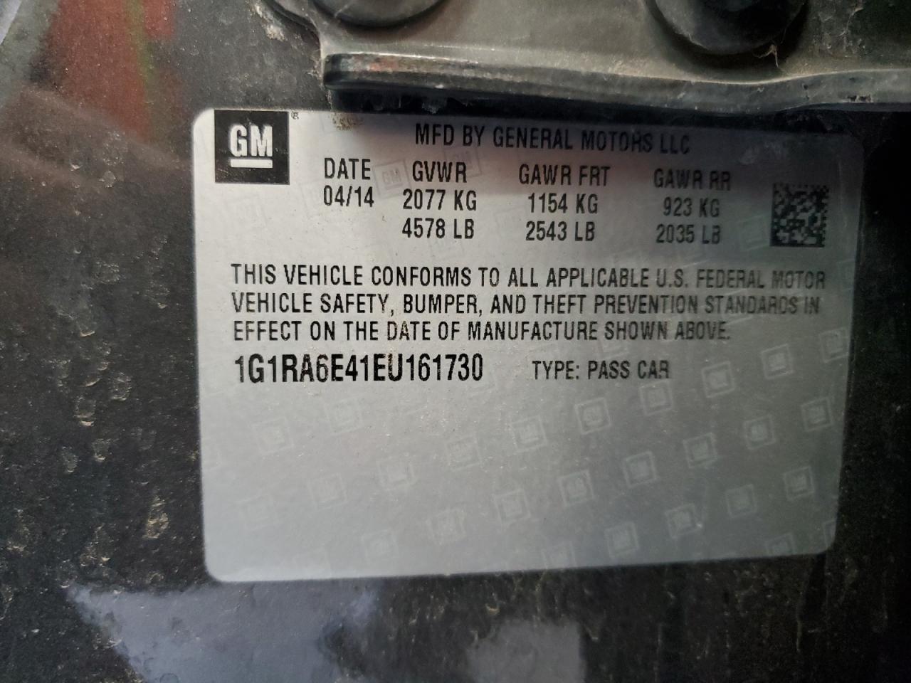 2014 Chevrolet Volt VIN: 1G1RA6E41EU161730 Lot: 64791725