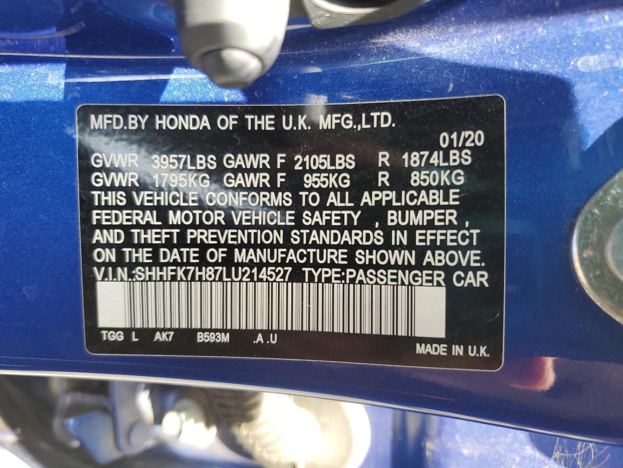 2020 Honda Civic Exl VIN: SHHFK7H87LU214527 Lot: 64246535