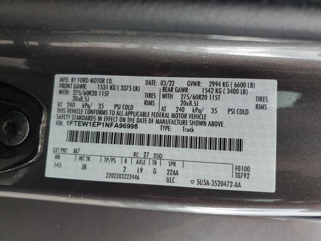 2022 Ford F150 Supercrew VIN: 1FTEW1EP1NFA96998 Lot: 64925795