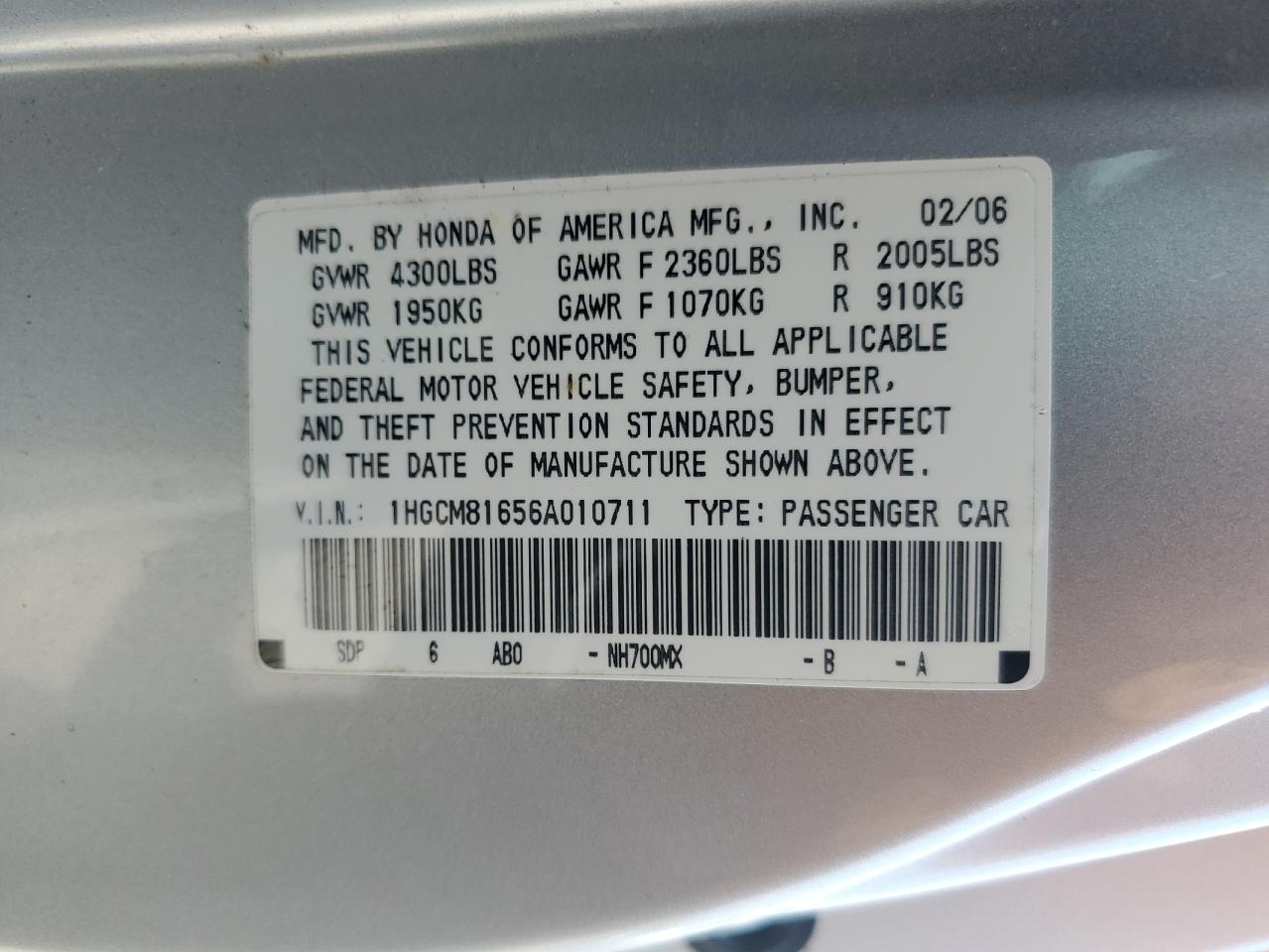 2006 Honda Accord Ex VIN: 1HGCM81656A010711 Lot: 63787085