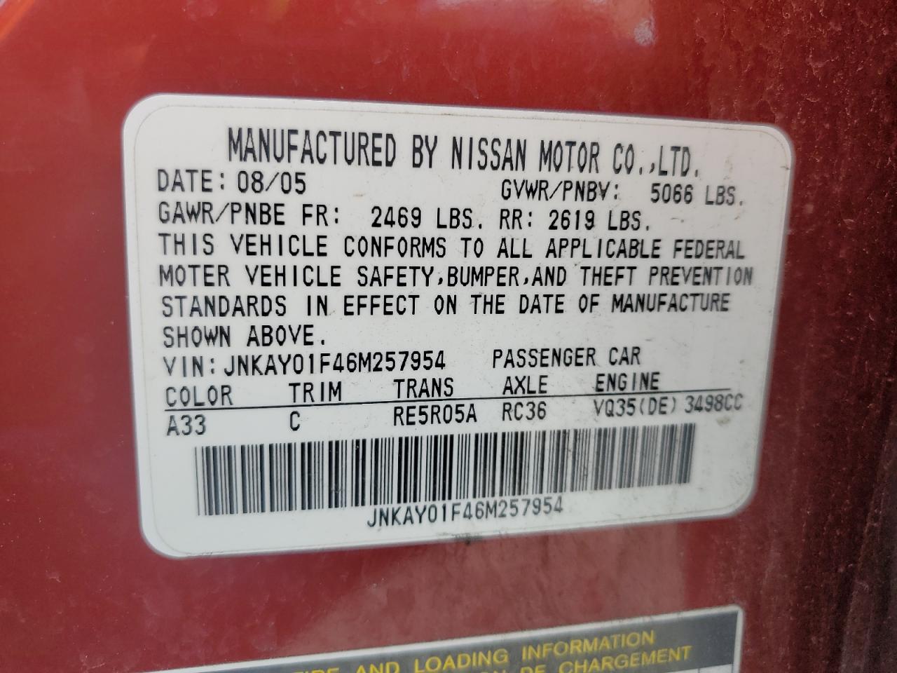 2006 Infiniti M35 Base VIN: JNKAY01F46M257954 Lot: 64429605