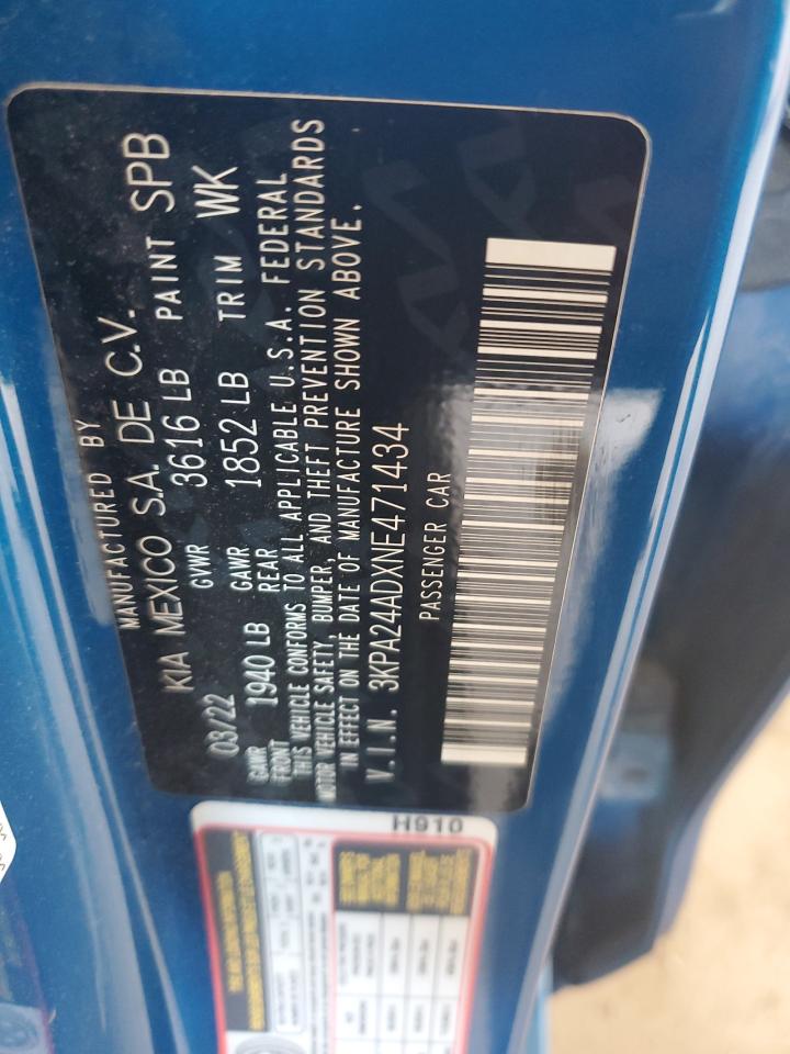 2022 Kia Rio Lx VIN: 3KPA24ADXNE471434 Lot: 64844835