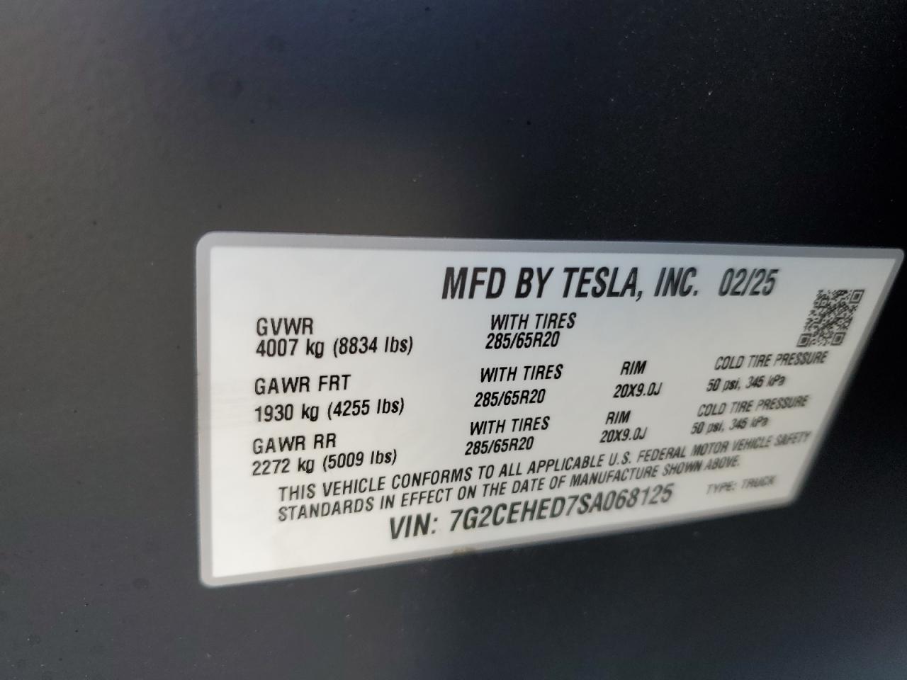2025 Tesla Cybertruck VIN: 7G2CEHED7SA068125 Lot: 65482925