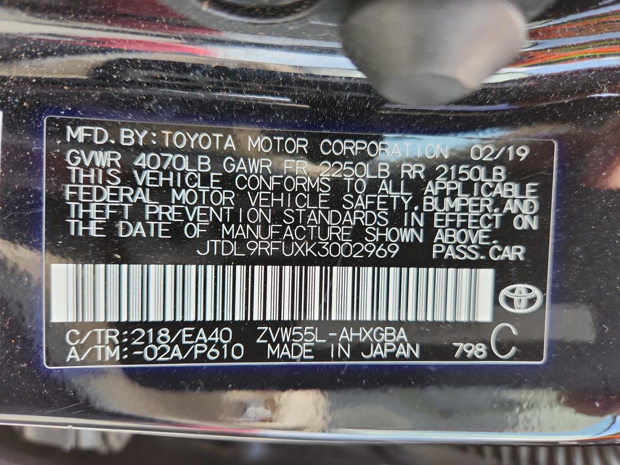 2019 Toyota Prius VIN: JTDL9RFUXK3002969 Lot: 63192795