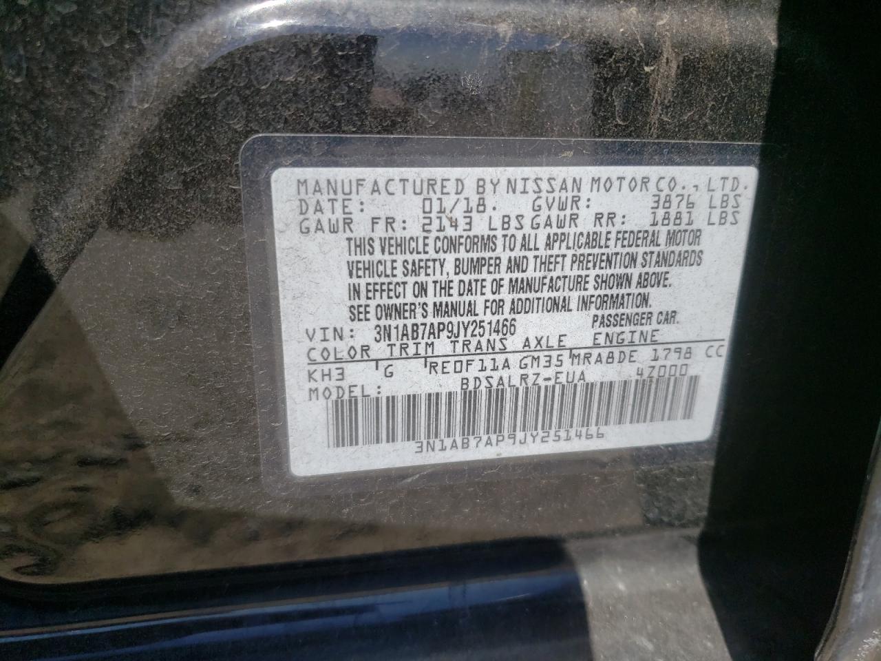 2018 Nissan Sentra S VIN: 3N1AB7AP9JY251466 Lot: 65268035