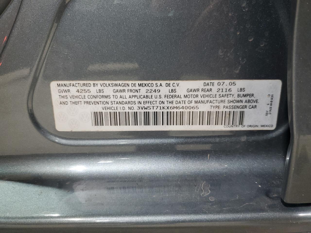 2006 Volkswagen Jetta Tdi Option Package 1 VIN: 3VWST71KX6M640065 Lot: 64833615
