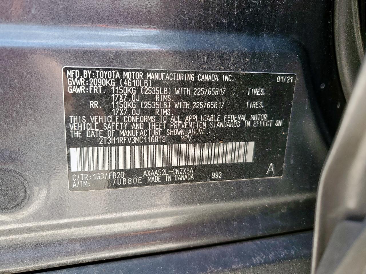 2021 Toyota Rav4 Le VIN: 2T3H1RFV3MC116819 Lot: 65773765
